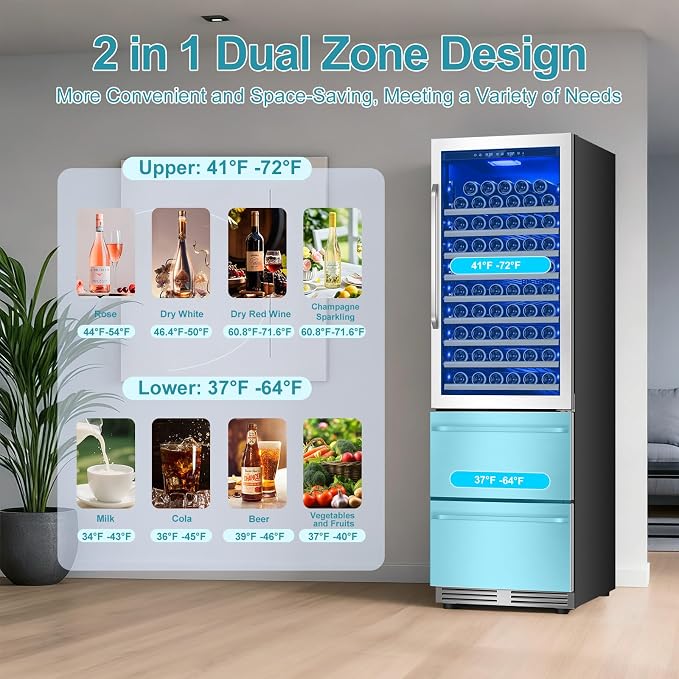 Wine and Beverage Refrigerator, 24'' Dual Zone Wine Fridge with Dual Drawers, Holds 160 Cans and 120 Bottles, Reversible Door, Built-In or Freestanding, Beverage Fridge for Home or Commercial