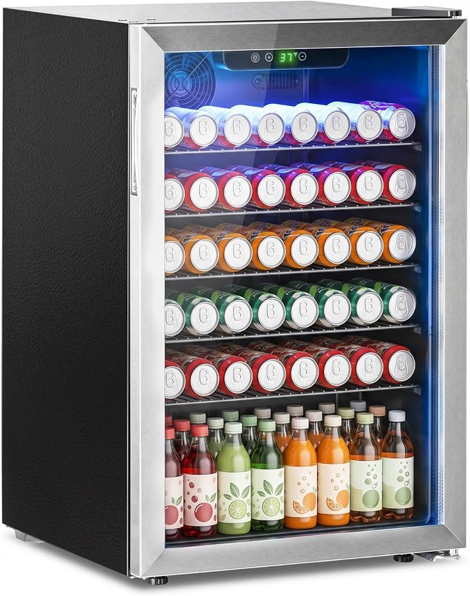 Erivess Mini Fridge 145Can Beverage Refrigerator Cooler Glass Door for Soda | 130L Drink Fridge for Home/Bar/Office with LED Display, Digital Temperature Control, Removable Shelves for Beer, Wine, Silver