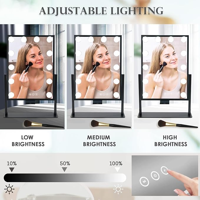 Vanity Mirror with Lights, Lighted Makeup Mirror, Hollywood Mirror with Phone Holder, 12 Dimmable LED Bulbs, 3 Color Lighting Modes, Detachable 10X Magnification, 360°Rotation(Black)
