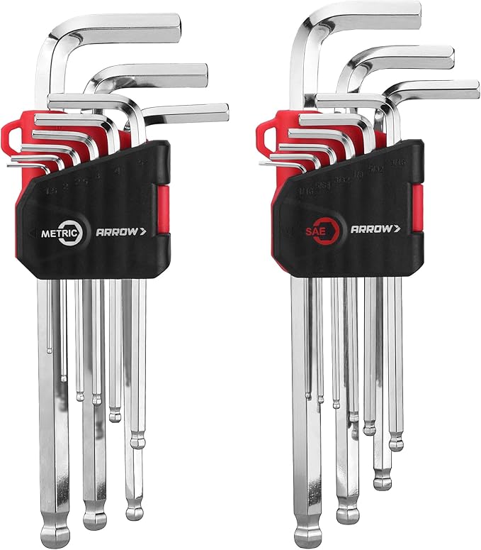 ARROW 18PCS Allen Wrenches Sets with Ball End, SAE and Metric Hex Key Set, Cr-V Steel with Chamfered Edges, Laser Etched Size, 2-Pack Allen Key Kit for Bicycle, Furniture and Electrical Repair