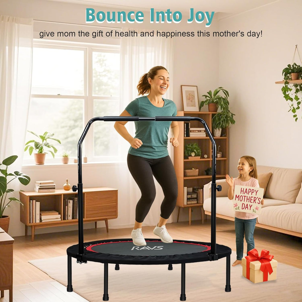 RAVS Mini Trampoline - Foldable Fitness Rebounder for Kids & Adults | 40"/48" with Adjustable Handle & Resistance Bands