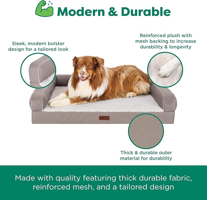 Furhaven Orthopedic Dog Sofa Bed – Memory Foam Couch with Bolsters, Textured Plush & Water-Resistant Cover, Washable Cover, Joint Support - Greige, Medium