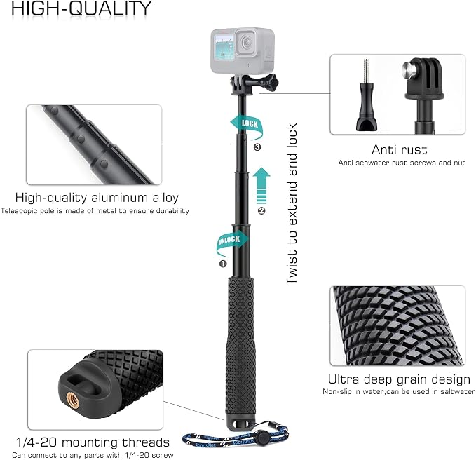 GEPULY Short Selfie Stick for GoPro/DJI/Insta360/AKASO Action Cameras