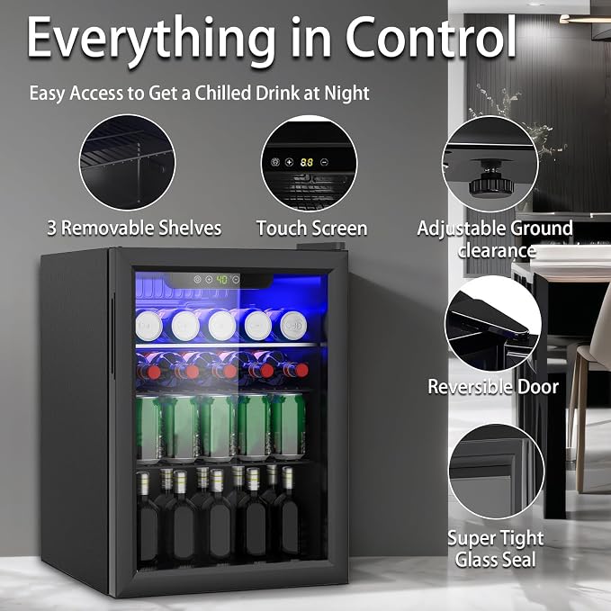 Compact 95 Can/2.6Cu.Ft Mini Fridge, Reversible Glass Front Door | For Soda, Beer or Wine, Portable Small Beverage Refrigerator with Digital Display & Removable Shelves for Office, Dorm, Bar