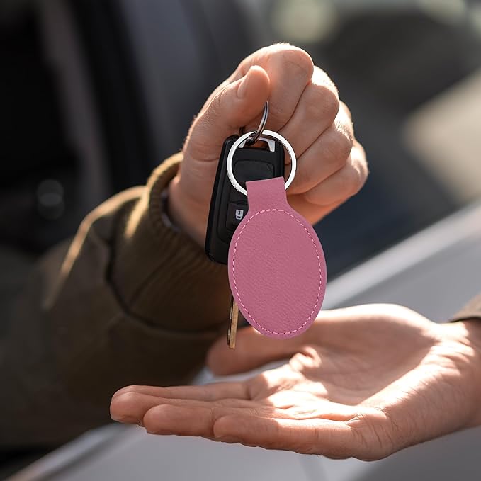 LaserGram Oval Keychain, Palm Trees, Personalized Engraving Included (Pink)