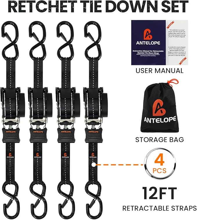 Retractable Ratchet Straps (4 PK) 1 in x 12 ft Auto Retract Tie Down Straps, 1500lb Break Strength AutoRetract Self Retracting for Motorcycle, Truck, Cargo, Trailer, ATV, UTV -Black