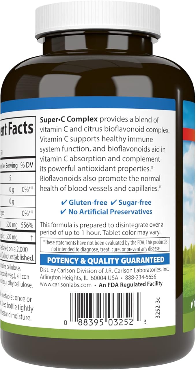 Carlson - Super-C Complex, Vitamin C + Bioflavonoids, Immune Function & Optimal Wellness, Antioxidant, 250 Vegetarian Tablets