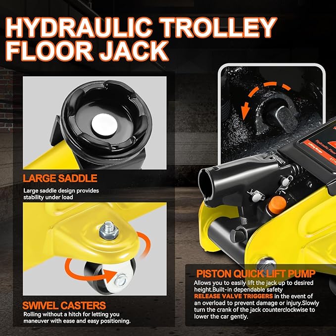 PM PERFORMOTOR Low Profile Hydraulic Trolley Service/Floor Jack Combo with 2 Ratchet Jack Stands, 2 Ton (4000 lbs) Capacity, Yellow,PM-TOL-FJ3P-YL