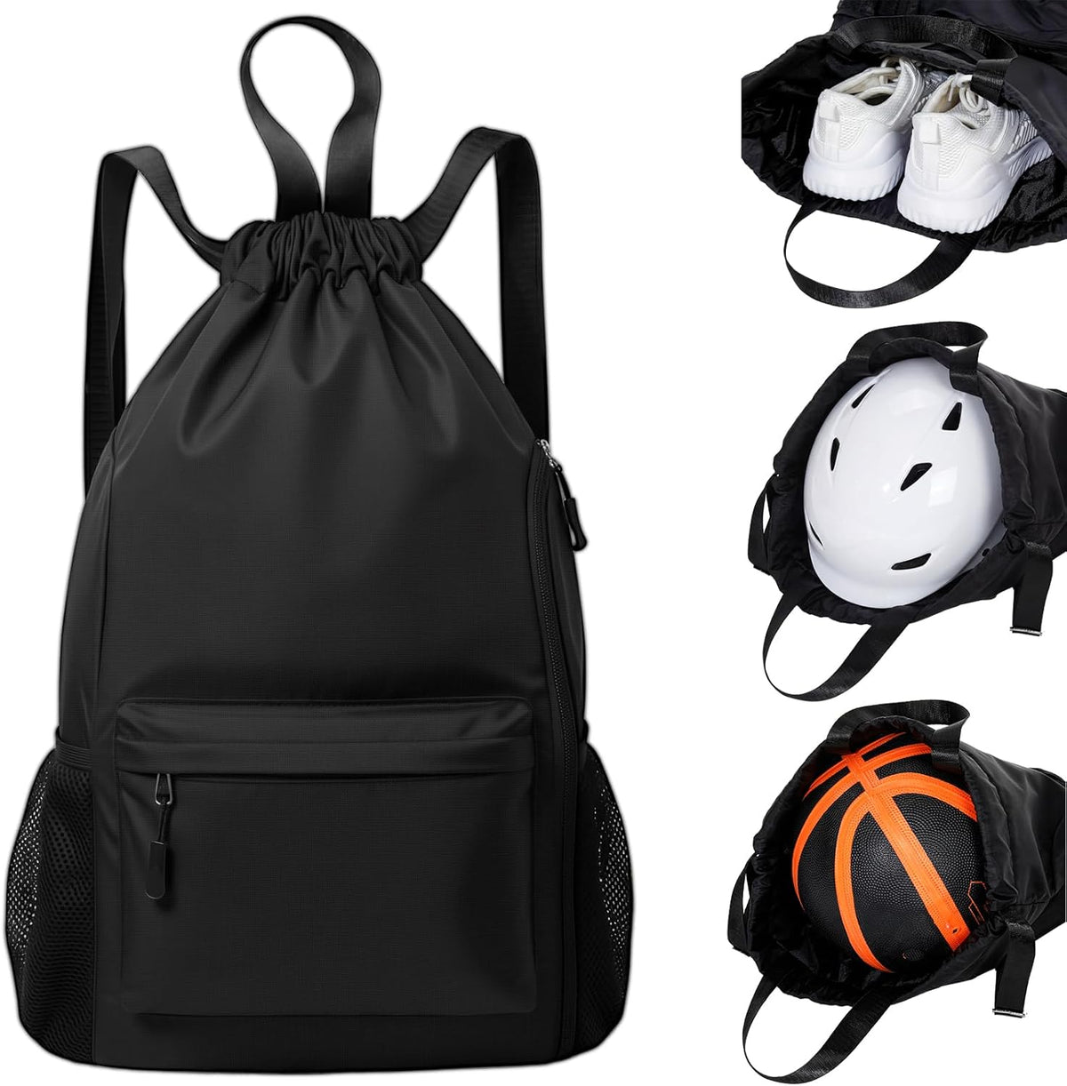 Skiennix Black Basketball Drawstring Backpack - Extra-Large Waterproof Gym Bag with Mesh Pocket for Men & Women