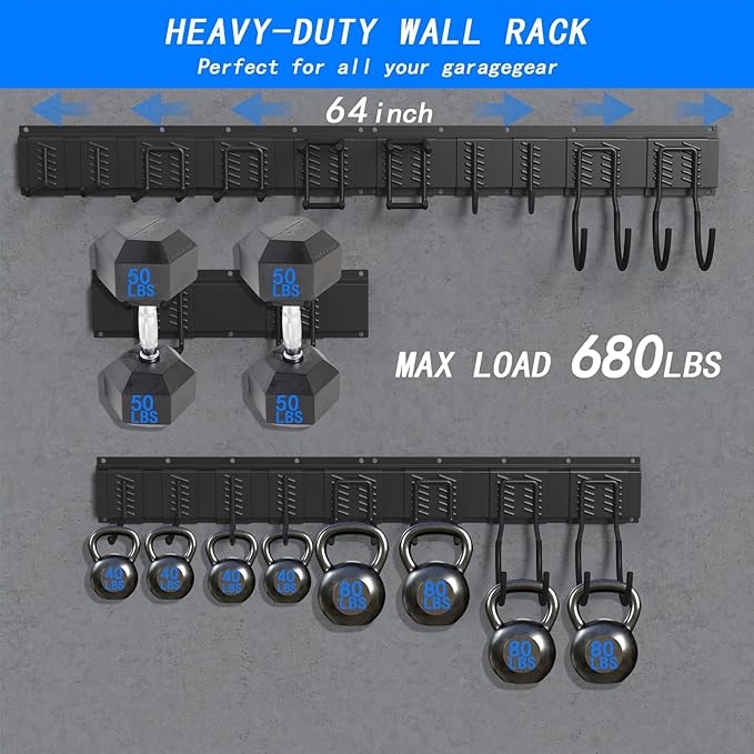 CBWLWJ Garage Tool Organizer Wall Mount, 64 inch Garage Wall Organizer, 680lbs Sturdy Garden Tool Organizer with 12 Adjustable Hooks, for Yard, Shed, Basement, Workshop(Black)