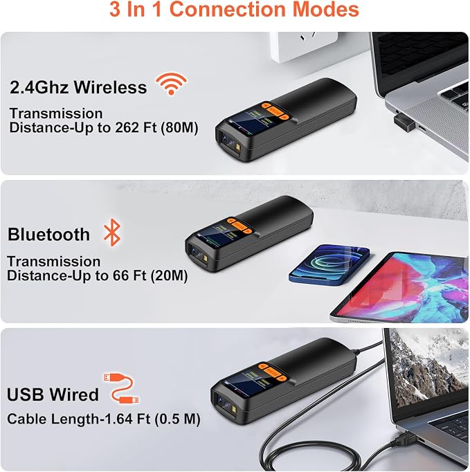 KUIIYER Mini Bluetooth Barcode Scanner, Wireless 2D QR 1D Bar Code Scanners
