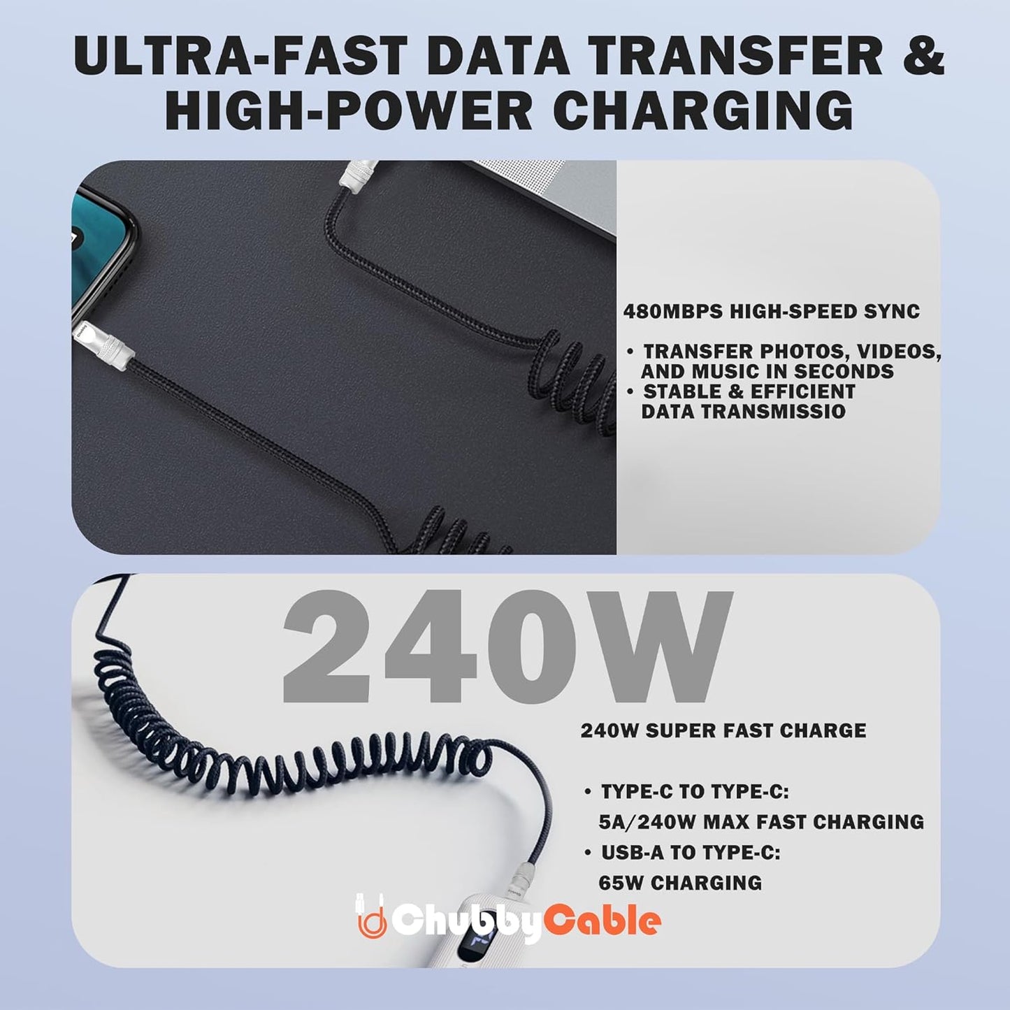chubbycable Curly Chubby - Retractable Fast Charging Cable 240W Coiled Charger Cord for Car Durable USB-C Cable for Phones, Tablets and More, Dark Blue, USB-A to Type-C, 1.3FT-2.3FT