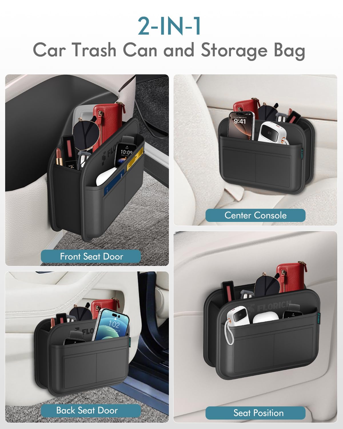 FLORICH Car Door Organizer, Small Leather Foldable Hanging Organizer and Trash Can 2-in-1, Multi-Function Mini Storage Box Garbage Can for Car Back Seats and Side Door - 2Pack