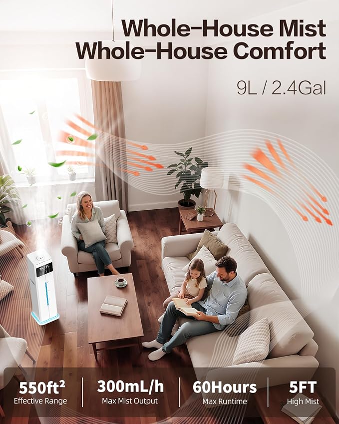 Cool Mist Humidifiers for Bedroom, Ultrasonic 2.4Gal 9L Quiet Top-Fill, Easy Clean with Essential Oil Tray, 360°Nozzle, 4 Speed, Remote, 60H Runtime, for Baby, Adults, Plants, Home, House, Large Room