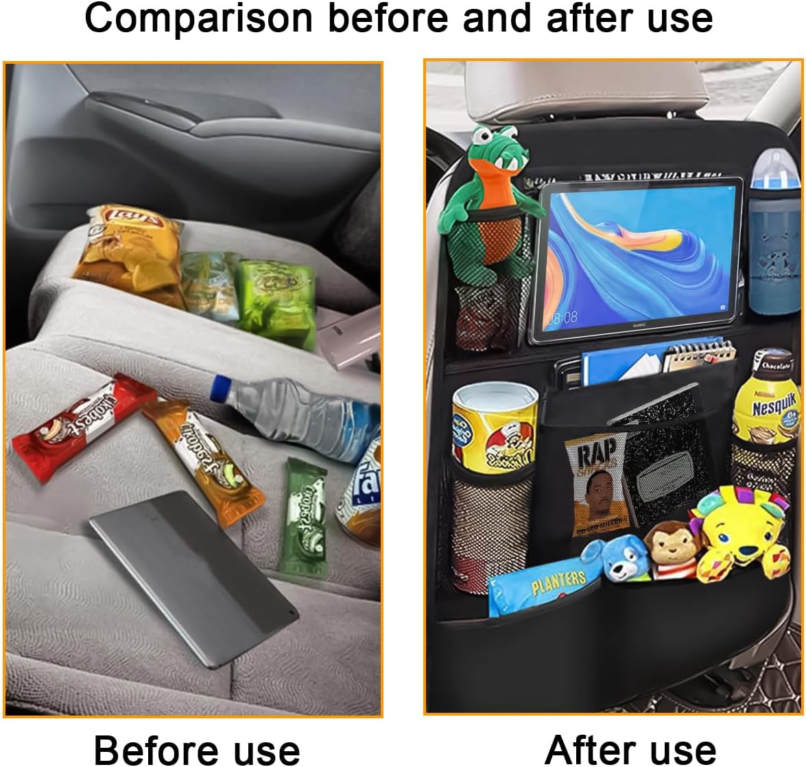2PCS Car Seat Back Organizer, Waterproof Vehicle Storage Bag with Touch Screen Tablet Holder & 9 Pockets, Auto Kick Mats Back Seat Protector for Kids, Universal Travel Accessories (Black/Large)