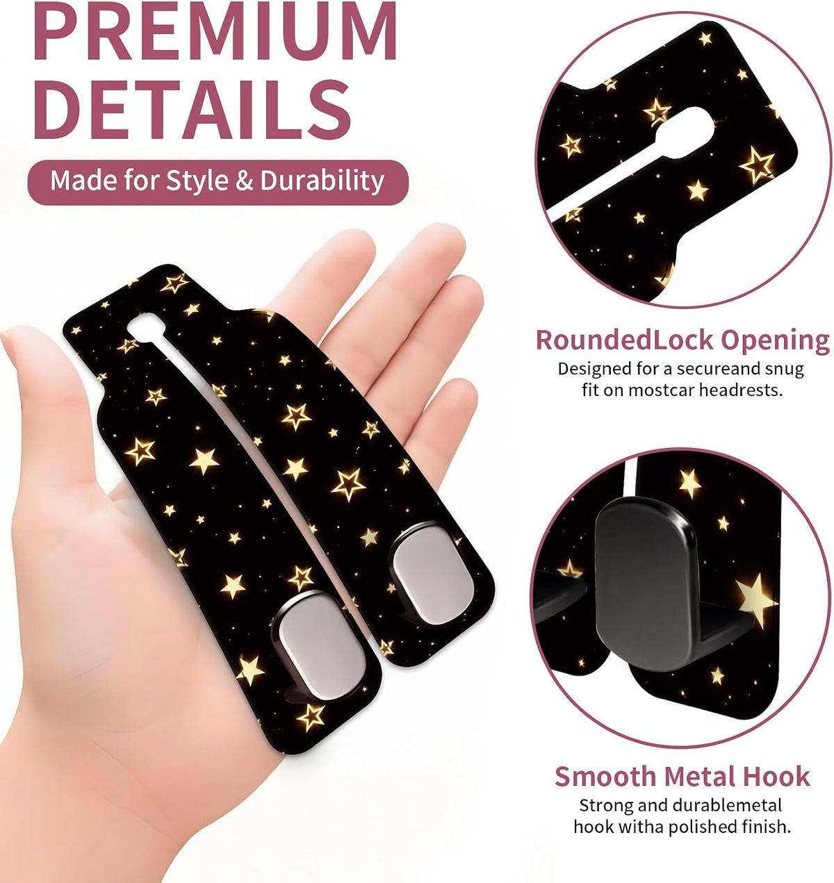 Car Seat Back Storage Hook, Funny Car Purse Hook, Cute Vehicle Storage Organizer for Purses Handbags Golden Starry Night