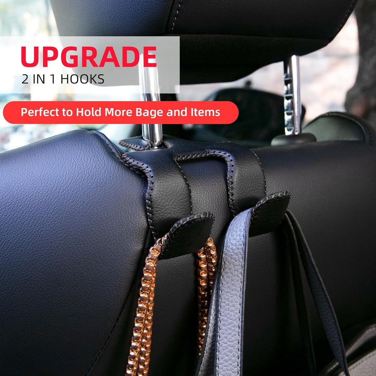 Car Hooks for Purses and Bags,Car Purse Holder Upgraded 2 in 1 Durable Hanger Leather Headrest Hook Car Back Seat Organizer Storage for Purse Car Interior Accessories,2-Pack,Black