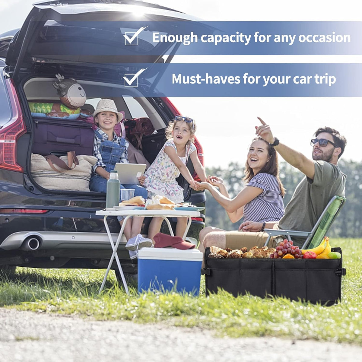 Sposuit Trunk Organizer for Car - Collapsible Trunk Storage with 11 Pockets & Reinforced Handles, SUV Trunk Organizers for Grocery Cargo(Black)