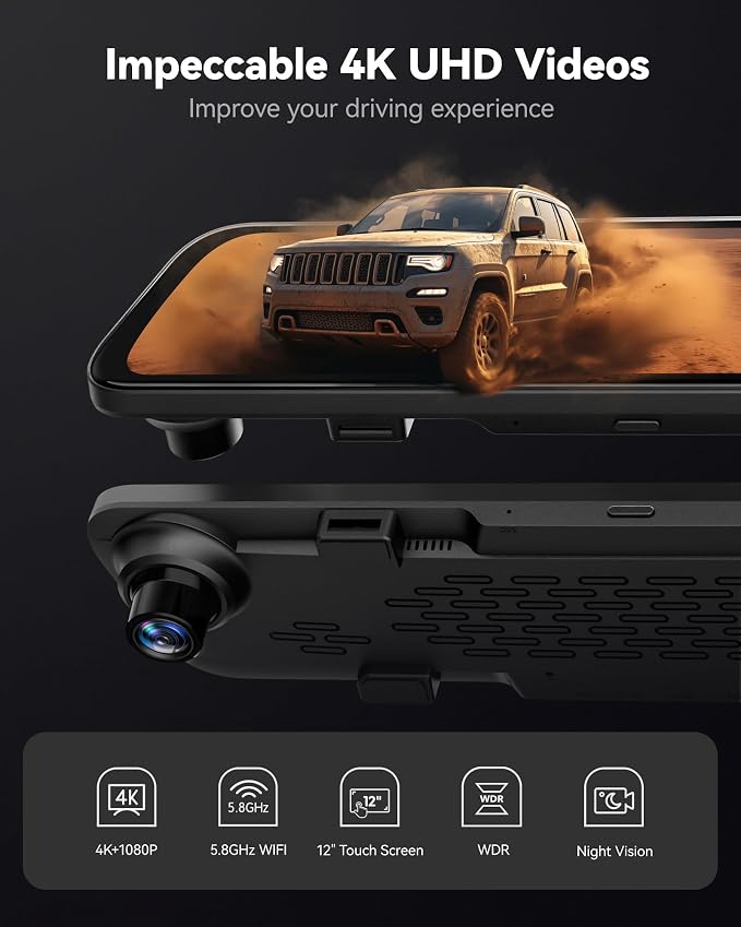 WOLFBOX G840S 12" 4K Mirror Dash Cam Backup Camera, 5.8GHz WiFi Smart Rearview