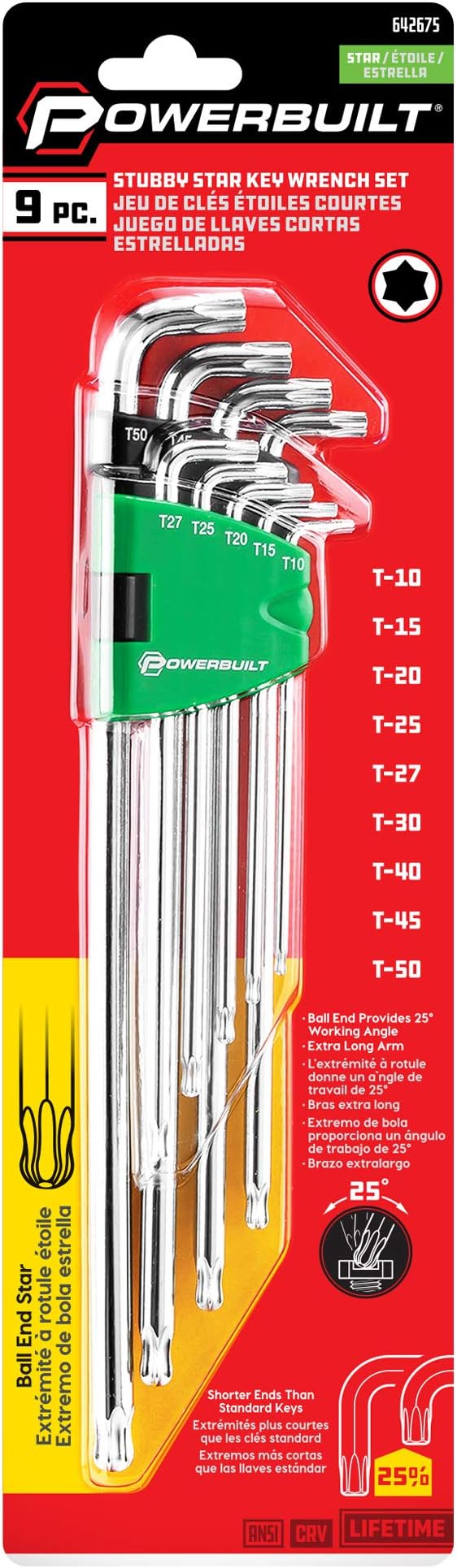 Powerbuilt 9 Piece Star Stubby Long Arm Ball End Hex Key Wrench Set, Allen Hex Key Wrench, Extra Long Arm, Ball End, size T10 to T50-240101