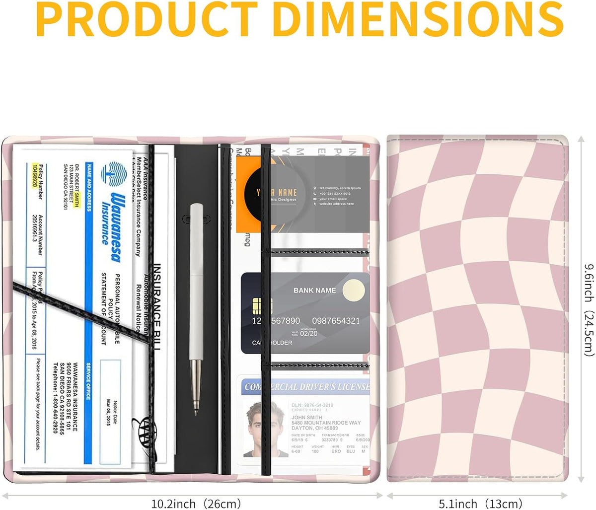 Car Registration and Insurance Holder with Magnetic Shut, Cute Vehicle Glove Box Car Organizer, Premium Interior Car Accessories for Women Men Pink Cute Checkerboard