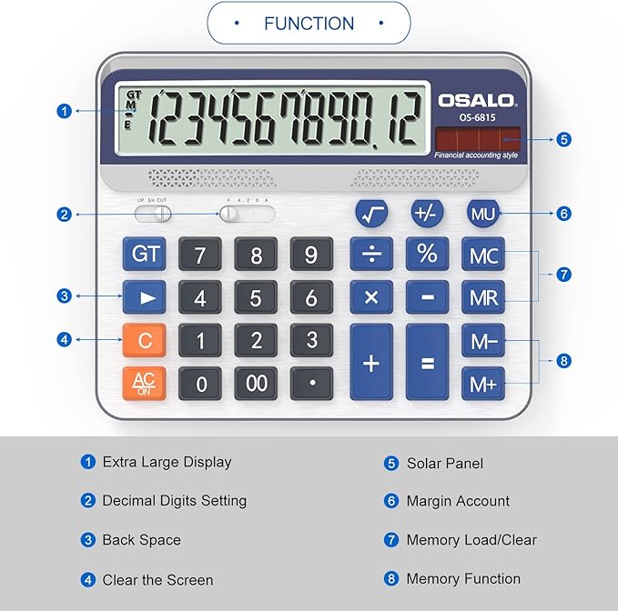Desktop Calculator Extra Large 5-Inch LCD Display 12-Digit Big Number