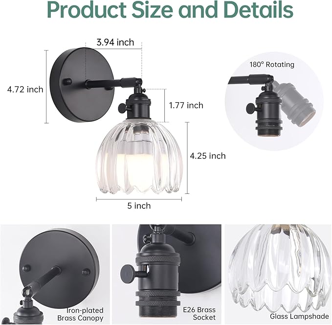 Vintage Battery Operated Wall Sconce with Transparent Tulip Glass Lampshade Rechargeable Battery Powered Black Wall Light with Remote Control for Bedside Bedroom Doorway