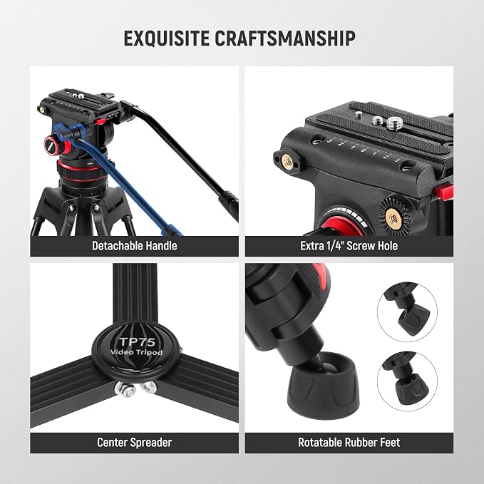 NEEWER 74" Video Tripod with Adjustable Damping Fluid Head, Metal Heavy Duty