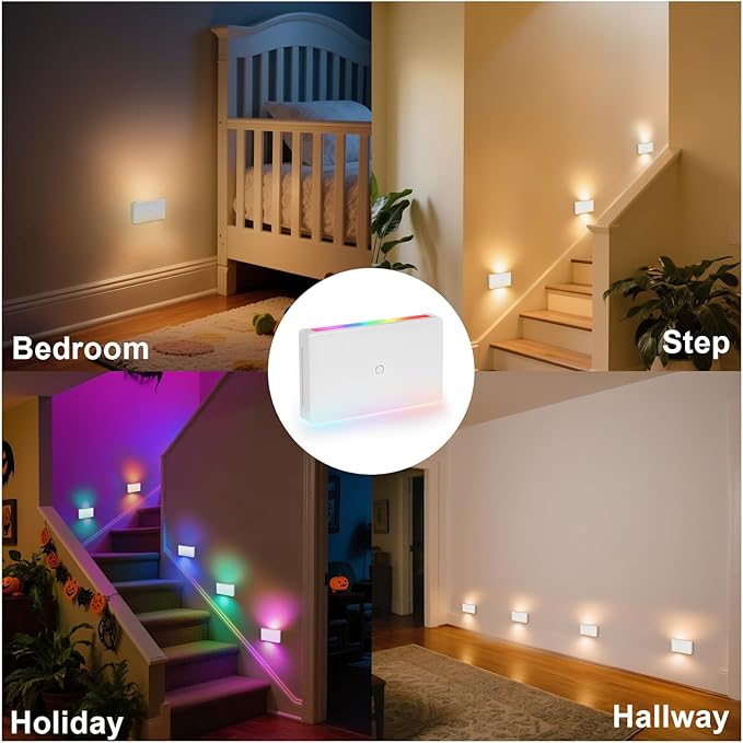 RGB Step Lights Indoor, 100V-277V Dimmable 2.5W, Wired LED RGB Color Changing Stair Night Lights for Bedroom/Step/Hallway/Aisle/Christmas/Halloween, Up Down, 10 Color, ETL, White, 1Pack