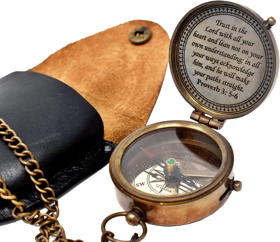 Trust In The Lord Engraved Compass - Inspirational Graduation Gift with Stamped Leather Case | Camping & Boating Essential