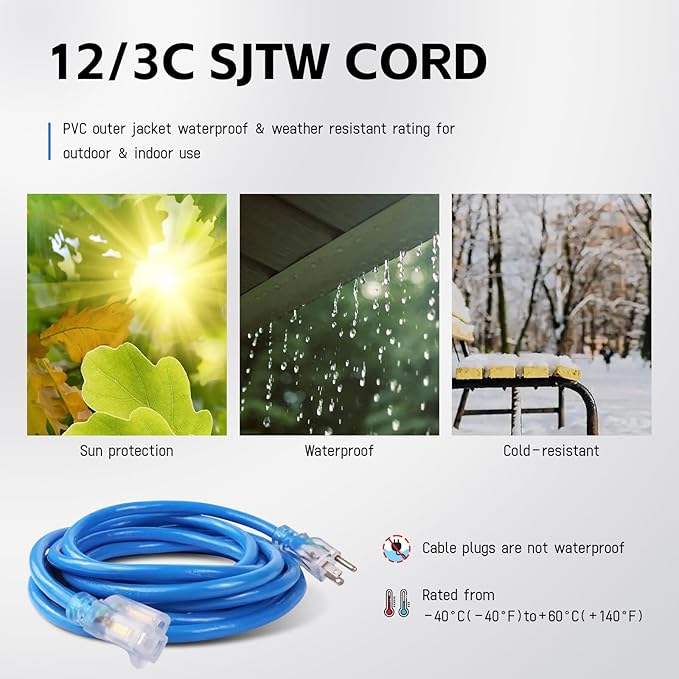 EP 6 Ft Outdoor Extension Cord, 12/3 SJTW Heavy Duty Waterproof Power Cable, 3 Prong Grounded Plug, Lighted End, for Lawn, Garden, Appliances, Blue