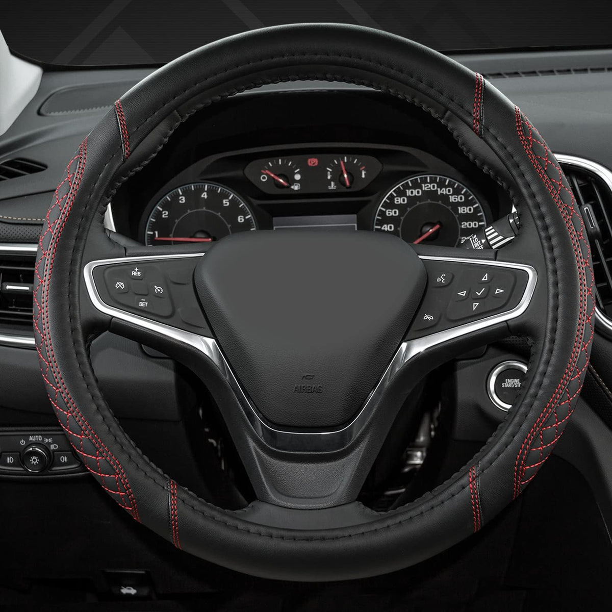 West Llama Customized Auto Car Steering Wheel Cover for Chevy Silverado,Tahoe,Equinox,Traverse,Trailblazer,Colorado (Diamond Quilted-Black+Red-Standard Size)
