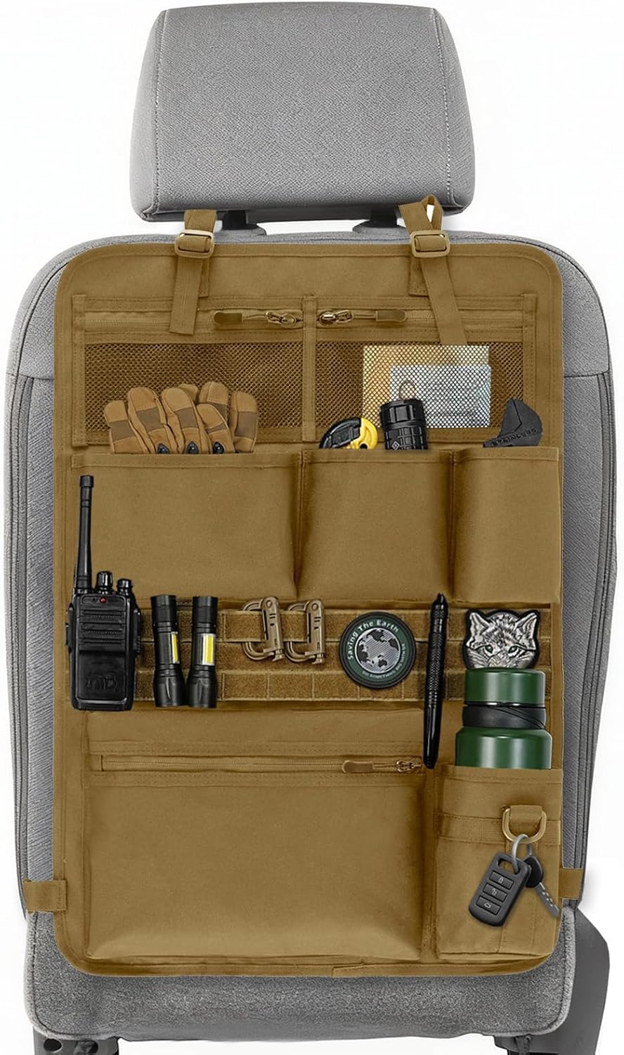 Tactical Car Seat Organizer with Multiple Pockets, MOLLE Panel System & Mesh Compartments, Durable Nylon Universal Vehicle Backseat Storage with Cup Holder, Water-Resistant (Black)