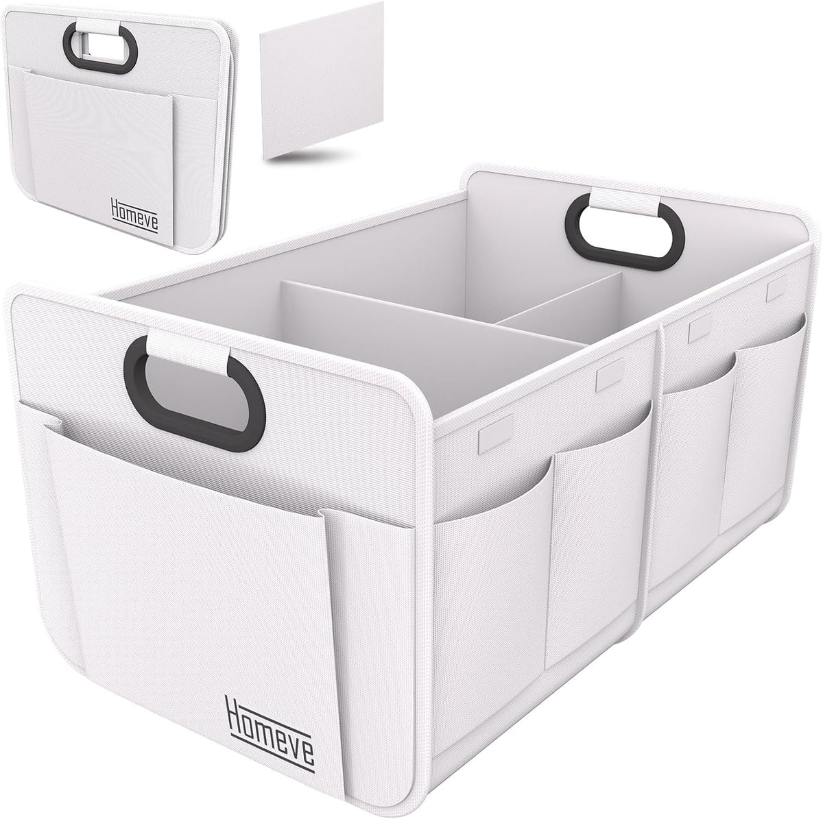 Homeve Car Trunk Organizer for SUV, 18.5Gal Large Capacity No-Sag Heavy Duty, Foldable Waterproof Anti-Slip Storage with 12 Pockets, Fit Sedan, Truck, Universal Car Accessories, White, 2 Compart,Large
