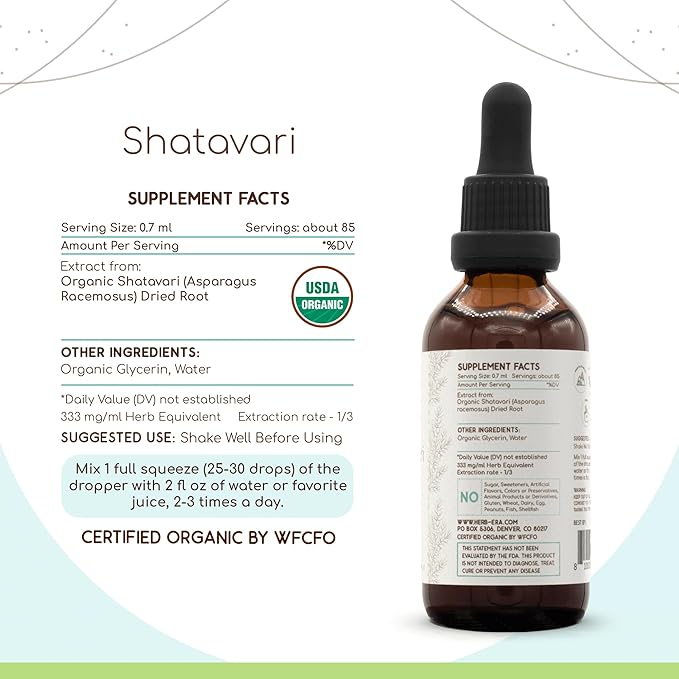 Shatavari B60 USDA Organic Tincture | Alcohol-Free Extract, High-Potency Herbal Drops | Certified Organic Shatavari (Asparagus racemosus) Dried Root (2 oz)