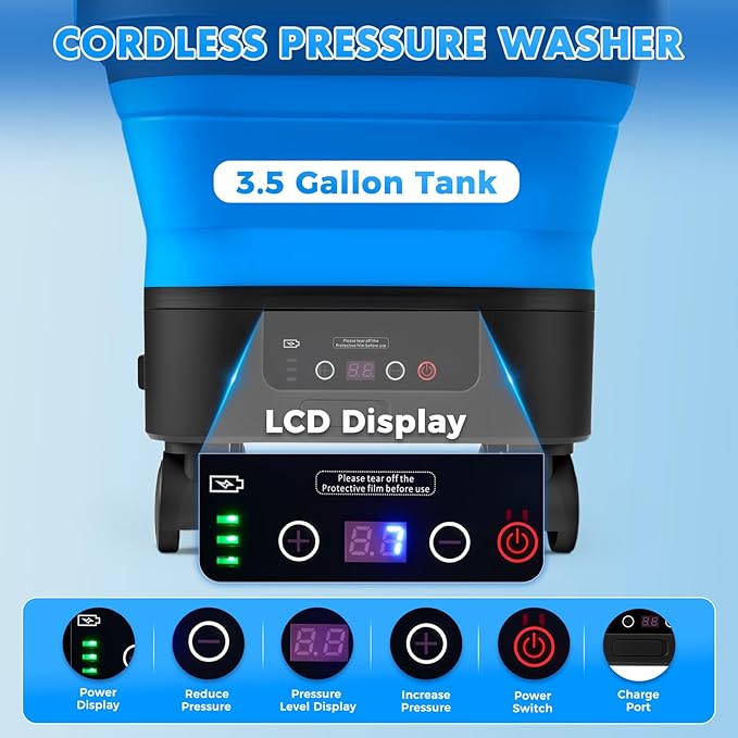 Portable Pressure Washer Cordless Battery Powered, 6-in-1 Nozzle Water Pressure Washer with 7 Adjustable Pressure Levels Max 1200 PSI, Electric Pressure Washer with 3.4 Gallon Tank