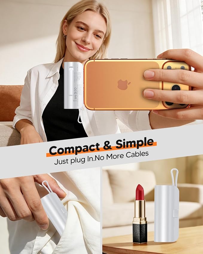5000mAh Mini Portable Charger with Built-in Type C Connector & Cables,5V 2.4A USB-C Small Power Bank,2 Output Flashlight External Battery Pack Compatible with iPhone 17-12 Pro Galaxy,iPad (White)
