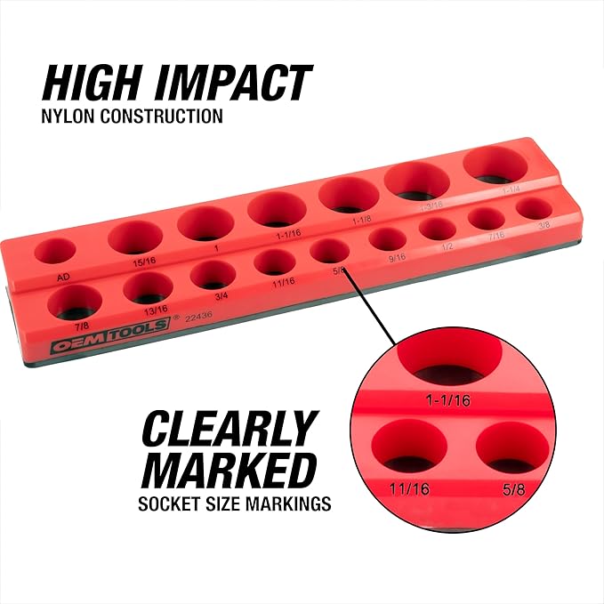 OEMTOOLS 22460 6 Pack Set Metric and SAE Magnetic Socket Tray Set, Red and Black Socket Organizers, 1/4, 3/8, 1/2 Inch Drive Socket Organizer Tray Set
