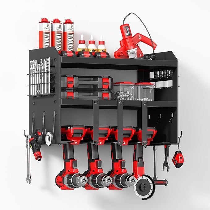 Hipidian Power Tool Organizer Wall Mount: Heavy Duty Storage Organization Stand Cordless -3 Layers Large Garage Organizer with Drill Holder -Metal Steel Utility Rack Hooks Screwdriver -Gifts for Man