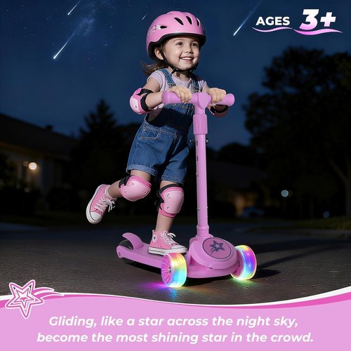 Nattork Kids Scooter - Light Up Wheels & Adjustable Height - Lean-to-Steer, Anti-Slip Deck, Ages 3-8