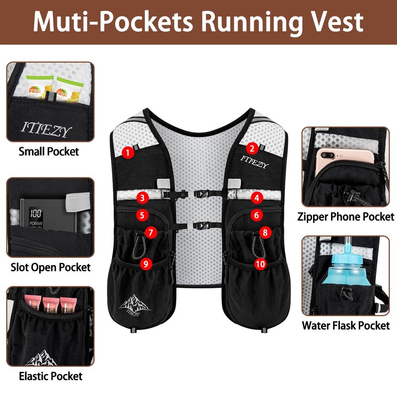Running Hydration Vest for Women Men - Waterproof Running Water Backpack Hydration Pack with 12 Pockets, Lightweight Water Vest for Hiking Trail Cycling Marathon Race, Black