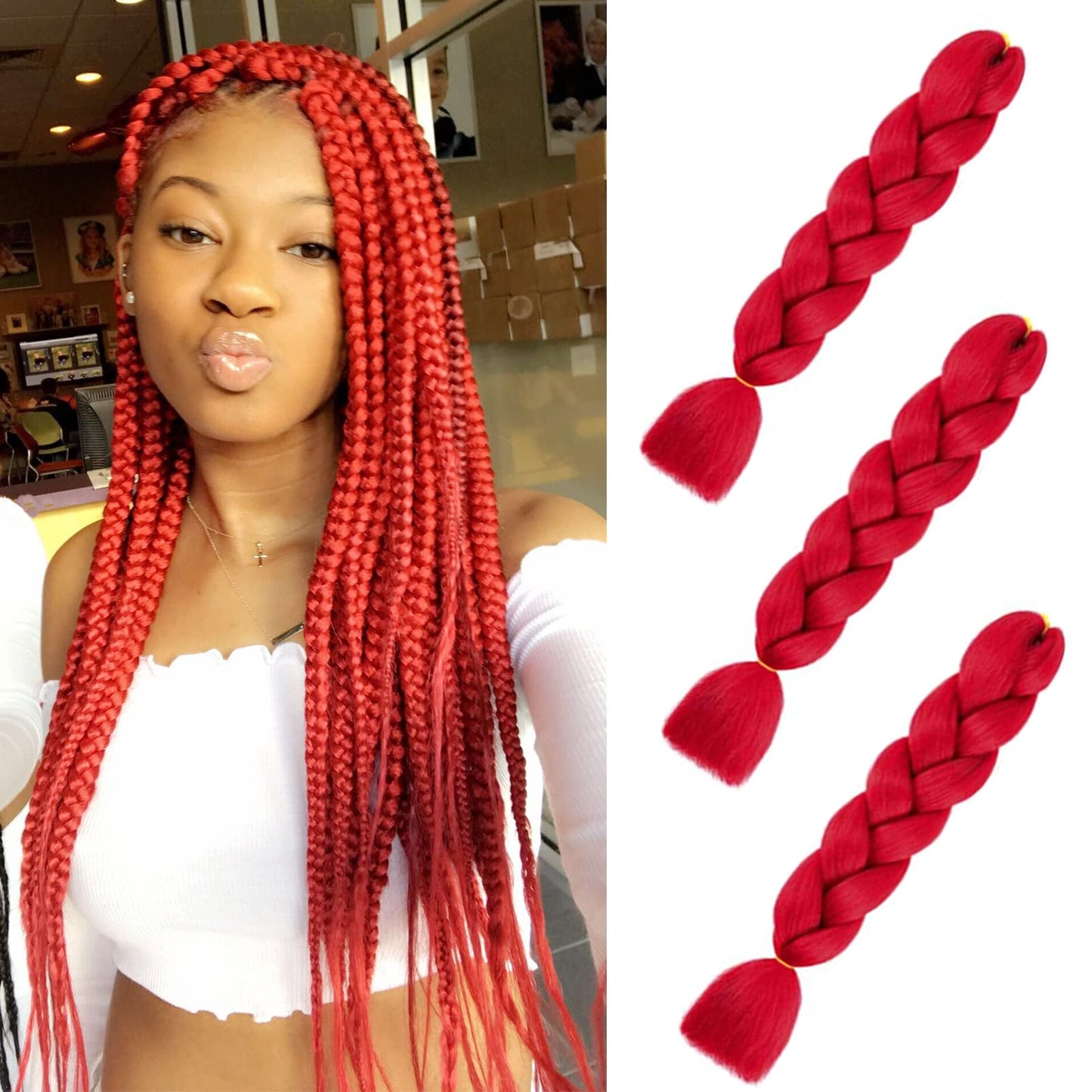 Imierfa Red Braiding Hair, Jumbo Braiding Hair Extensions High Temperature Synthetic Red Hair Extensions For Twist Braids Braidi