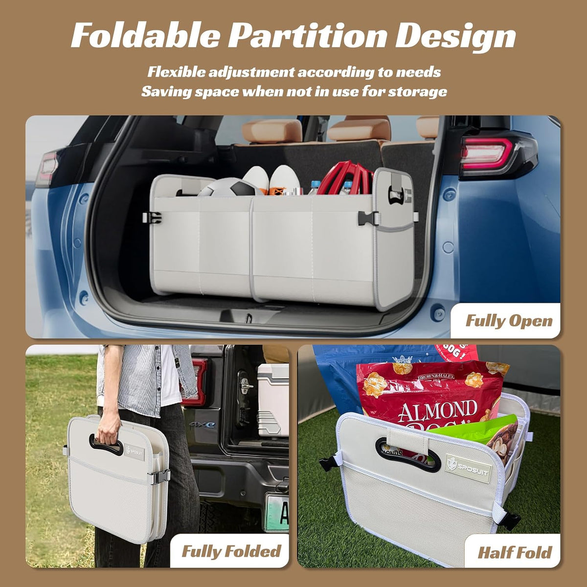 Sposuit Trunk Organizer for Car - 70L Collapsible Trunk Storage with 11 Pockets & Reinforced Handles, SUV Trunk Organizers for Grocery Cargo(White)