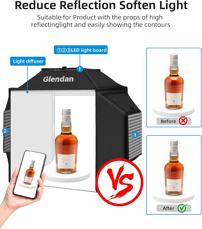 Glendan Portable Light Box Photography: 16"x16" Professional Dimmable Photo Box