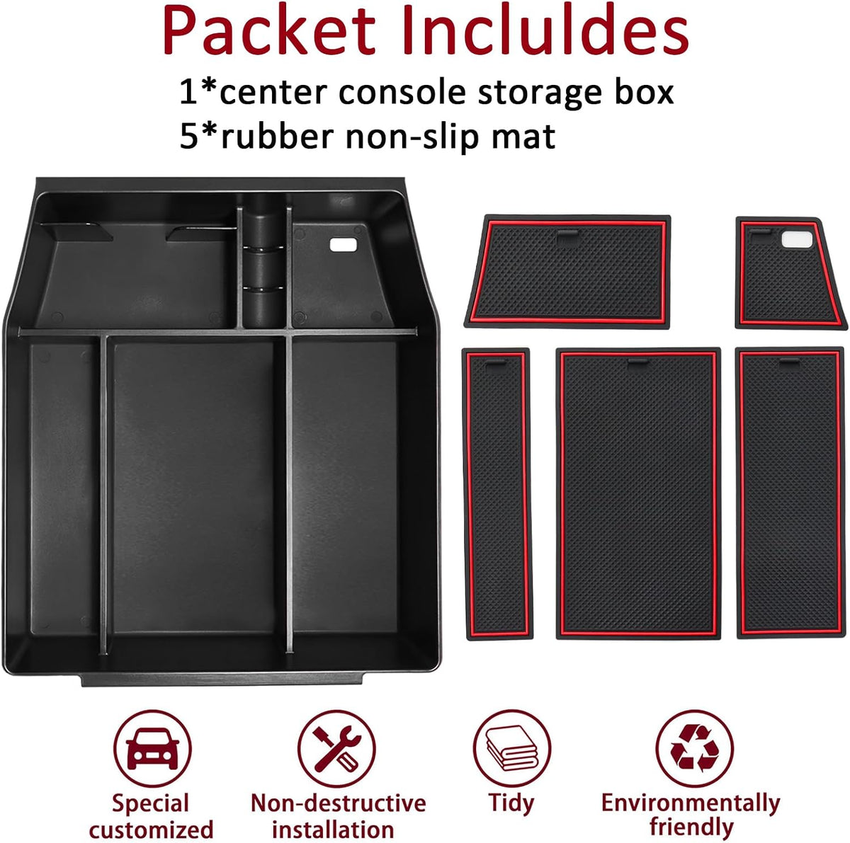 Center Console Organizer Tray for Ford F150 2021 2022 2023 2024 Accessories Interior Secondary Storage Armrest Box Insert Hidden Cubby Drawer (Full Console w/Bucket Seats ONLY) (Red Trim)