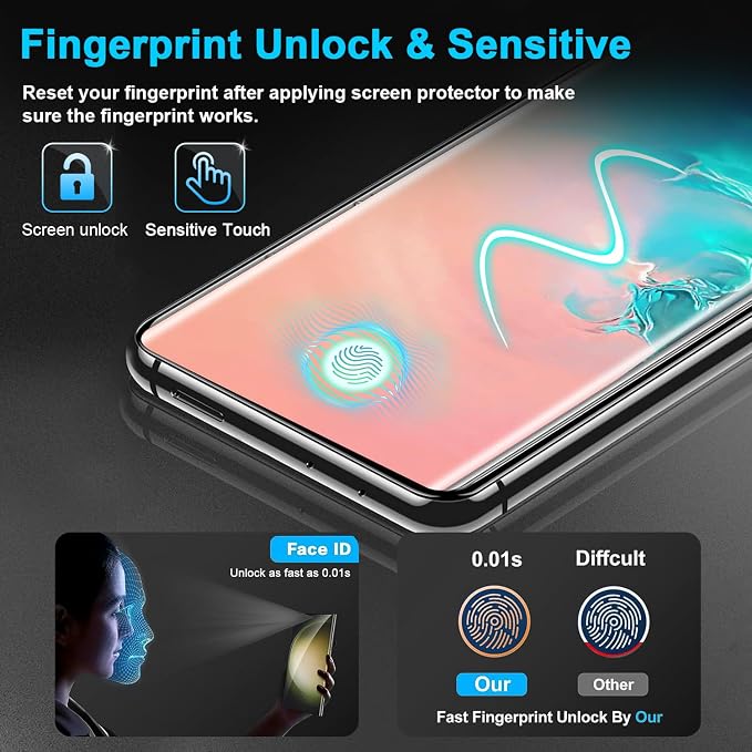 3 Pack Galaxy S10 Screen Protector, HD Clear Tempered Glass, Fingerprint Unlock