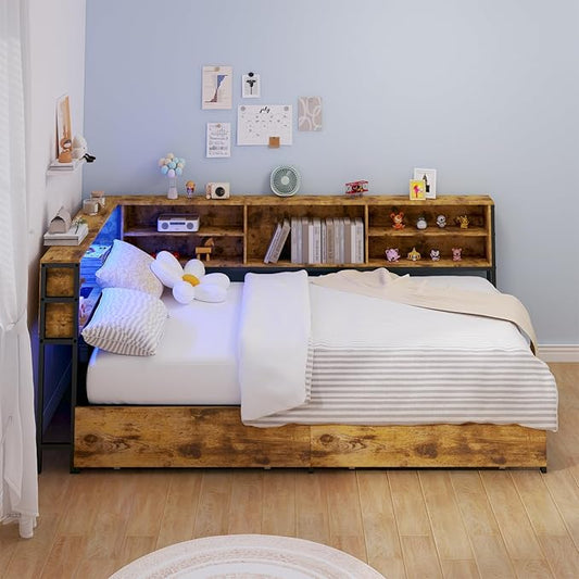 Corner Bed Frame Twin with Storage, L Shaped Daybed for Kids, Twin Corner Bed with Drawers, Shelves, RGB LED Lights & Charging Station, Sturdy Metal Kids Twin Bed for Girls Boys,Brown