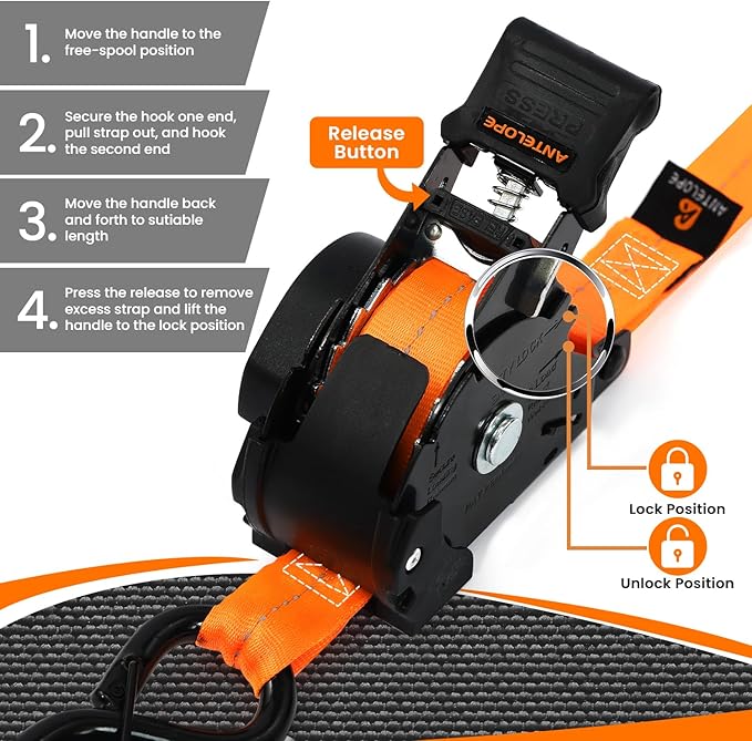 Retractable Ratchet Straps 1 in x 12 ft, 4-Pack Auto Retract Tie Down Straps, 1500lb Break Strength AutoRetract Self Retracting for Motorcycle, Truck, Cargo, Trailer, ATV, UTV -Orange
