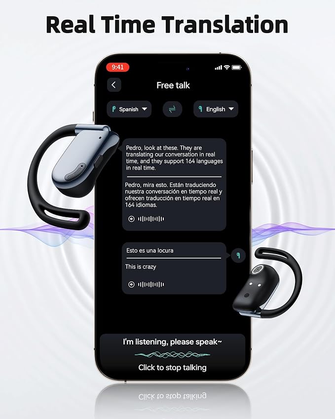 AI Translation Earbuds Real Time 164 Languages Translator Ear Buds 90H Playtime