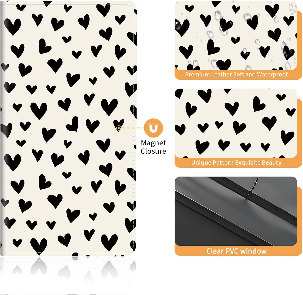 Premium Leather Car Registration and Insurance Card Holder with Magnetic Shut, Cute Vehicle License Document Glove Box Compartment Organizer Cool Car Accessories Beige Black Heart